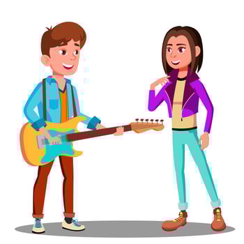 Handsome Young Man Playing Guitar To Beautiful Girl Vector. Isolated Illustration vector