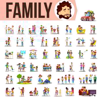 Family Set Vector. Lifestyle Situations. Spending Time Together At Home, Outdoor. Isolated Cartoon Illustration vector
