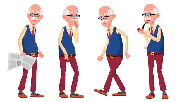 Old Man Poses Set Vector. Elderly People. Senior Person. Aged. Funny Pensioner. Leisure. Postcard, Announcement, Cover Design. Isolated Cartoon Illustration vector