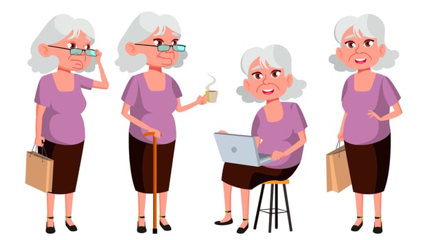 Old Woman Poses Set Vector. Elderly People. Senior Person. Aged. Funny Pensioner. Leisure. Postcard, Announcement, Cover Design. Isolated Cartoon Illustration vector