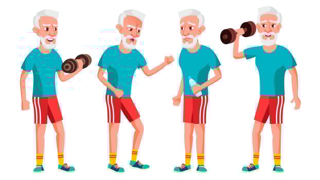Old Man Poses Set Vector. Elderly People. Senior Person. Sport, Fitness. Aged. Positive Pensioner. Advertising, Placard, Print Design. Isolated Cartoon Illustration vector