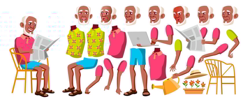 Old Man Vector. Black. Afro American. Senior Person Portrait. Elderly People. Aged. Animation Creation Set. Face Emotions, Gestures. Positive Pensioner. Advertising. Animated. Cartoon Illustration vector