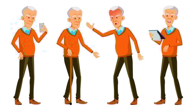 Old Man Poses Set Vector. Asian, Korean, Chinese. Elderly People. Senior Person. Aged. Funny Pensioner. Leisure. Postcard, Announcement, Cover Design. Isolated Cartoon Illustration vector