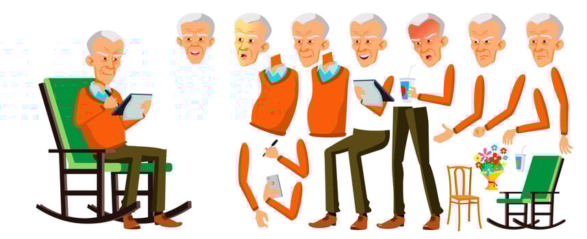 Old Man Vector. Asian Senior Person Portrait. Elderly People. Aged. Animation Creation Set. Face Emotions, Gestures. Friendly Grandparent. Banner, Flyer. Animated. Isolated Cartoon Illustration vector