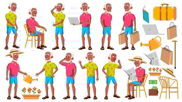 Old Man Poses Set Vector. Black. Afro American. Elderly People. Senior Person. Aged. Friendly Grandparent. Web, Poster, Booklet Design. Isolated Cartoon Illustration vector