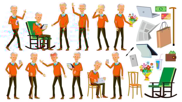 Old Man Poses Set Vector. Asian. Elderly People. Senior Person. Aged. Positive Pensioner. Advertising, Placard, Print Design. Isolated Cartoon Illustration vector
