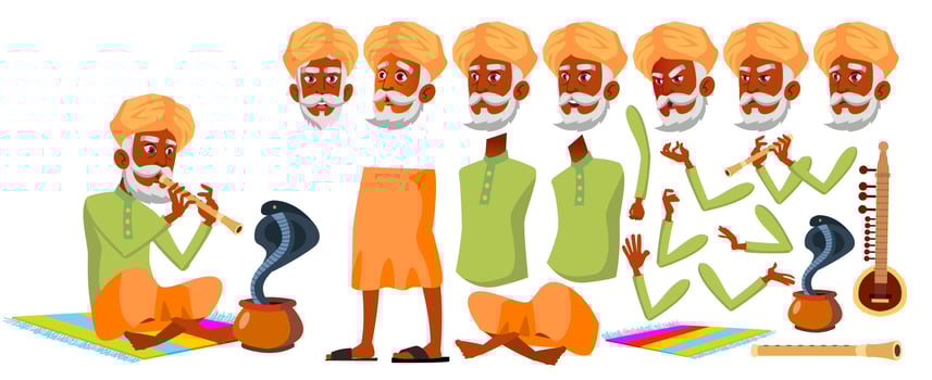Indian Old Man Vector. Senior Person Portrait. Elderly People. Aged. Animation Creation Set. Face Emotions, Gestures. Hindu. Asian. Joy. Presentation. Animated. Isolated Cartoon Illustration vector