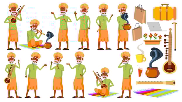 Indian Old Man Poses Set Vector. Hindu. Asian. Elderly People. Senior Person. Aged. Snake Cobra Dance. Presentation, Invitation, Card Design. Isolated Cartoon Illustration vector