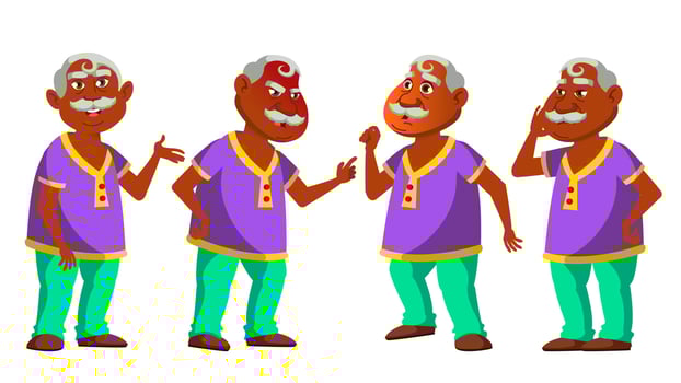 Indian Old Man Set Vector. Elderly People. Hindu. Senior Person. Aged. Comic Pensioner. Lifestyle. Cover, Placard Design. Isolated Cartoon Illustration vector