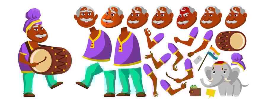 Indian Old Man Vector. Hindu. Asian. Senior Person With Drum, Tutban, Elephant. Elderly People. Aged. Animation Creation Set. Face Emotions, Gestures. Cute. Animated. Isolated Illustration vector
