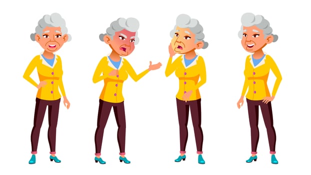 Asian Old Woman Poses Set Vector. Elderly People. Senior Person. Aged. Active Grandparent. Joy. Web, Brochure, Poster Design. Isolated Cartoon Illustration vector
