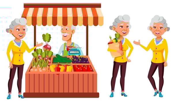 Asian Old Woman Poses Set Vector. Elderly People. Ecological Vegetables, Market. Senior Person. Aged. Comic Pensioner. Lifestyle. Postcard, Cover, Placard Design. Isolated Cartoon Illustration vector