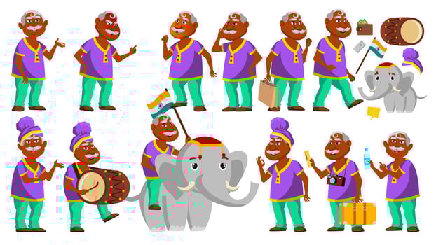 Indian Old Man Poses Set Vector. Elderly People. Hindu In Turban. Senior Person. Aged. Traditional Festival, Parade. Elephant. Activity. Advertisement, Greeting, Announcement Design. Illustration vector