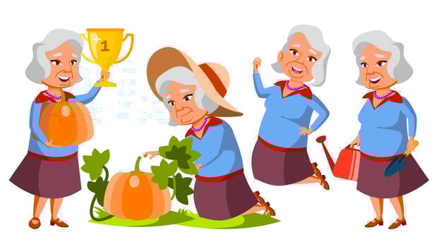 Asian Old Woman Poses Set Vector. Elderly People. Vegetable Garden. Senior Person. Aged. Caucasian Retiree. Smile. Web, Poster, Booklet Design. Isolated Cartoon Illustration vector