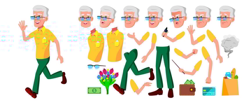 Old Man Vector. Senior Person Portrait. Elderly People. Aged. Animation Creation Set. Face Emotions, Gestures. Active Grandparent. Joy. Poster Design. Animated. Isolated Cartoon Illustration vector