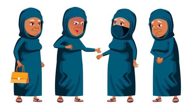 Arab, Muslim Old Woman Poses Set Vector. Elderly People. Senior Person. Aged. Funny Pensioner. Leisure. Postcard, Announcement, Cover Design. Isolated Cartoon Illustration vector