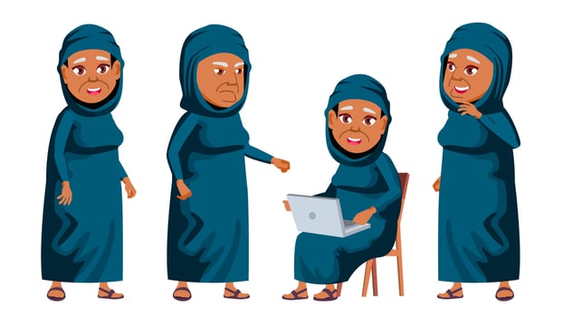 Arab, Muslim Old Woman Poses Set Vector. Elderly People. Senior Person. Aged. Friendly Grandparent. Web, Poster, Booklet Design. Isolated Cartoon Illustration vector