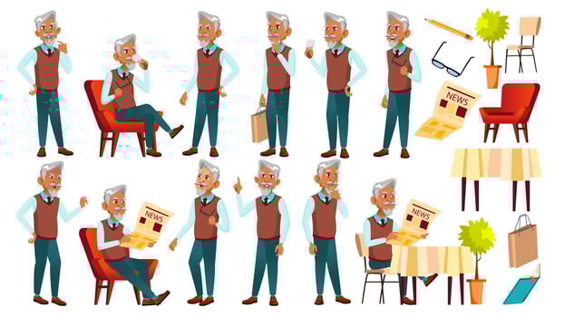 Arab, Muslim Old Man Poses Set Vector. Elderly People. Senior Person. Aged. Funny Pensioner. Leisure. Announcement, Cover Design. Isolated Cartoon Illustration vector