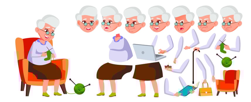 Old Woman Vector. Senior Person Portrait. Elderly People. Aged. Animation Creation Set. Face Emotions, Gestures. Funny Pensioner. Leisure. Announcement. Animated. Isolated Cartoon Illustration vector