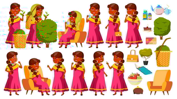 Indian Old Woman Poses Set Vector. Elderly People. Senior Person. Aged. Funny Pensioner. Leisure. Postcard, Announcement, Cover Design. Isolated Cartoon Illustration vector
