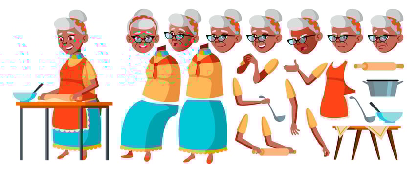 Old Woman Vector. Senior Person Portrait. Elderly People. Aged. Black. Afro American. Animation Creation Set. Face Emotions, Gestures. Comic Pensioner. Lifestyle. Animated. Cartoon Illustration vector