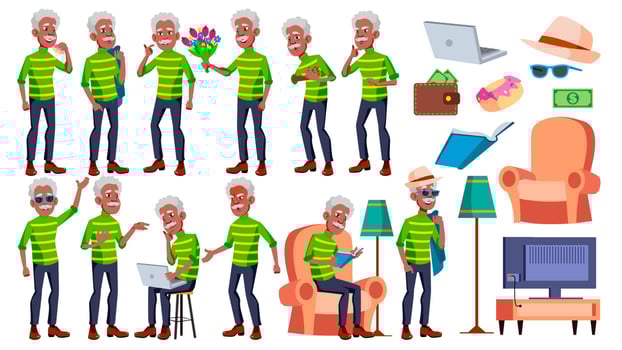 Old Man Poses Set Vector. Black. Afro American. Elderly People. Senior Person. Aged. Active Grandparent. Joy. Presentation, Print, Invitation Design. Isolated Cartoon Illustration vector