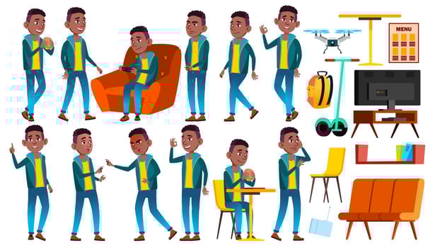 Boy Schoolboy Kid Poses Set Vector. Black. Afro American. High School Child. School Student. Graduation, Homework, Teacher. For Banner, Flyer, Web Design. Isolated Cartoon Illustration vector