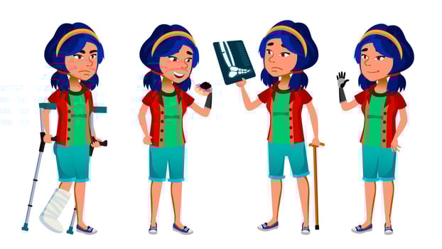 Asian Girl Kid Poses Vector. School Child. Disabled. Amputation Prosthesis. Smile, Activity, Beautiful. For Postcard, Announcement, Cover Design. Isolated Cartoon Illustration vector