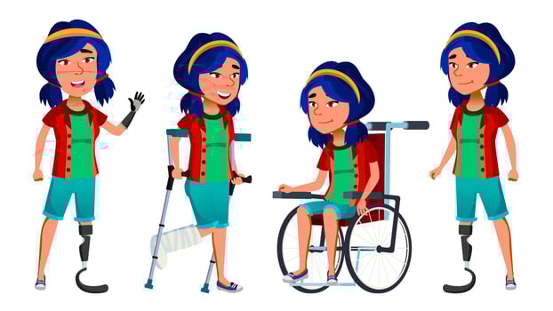 Asian Girl Kid Poses Set Vector. High School Child. Disabled. Wheelchair. Amputation Prosthesis. For Banner, Flyer, Web Design. Isolated Cartoon Illustration vector