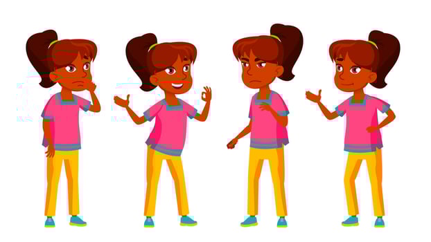 Indian Girl Kid Poses Set Vector. High School Child. Teenage. For Advertisement, Greeting, Announcement Design. Isolated Cartoon Illustration vector