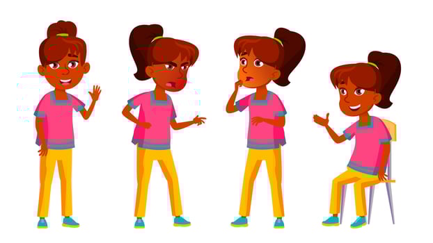 Indian Girl Set Vector. High School Child. Teenager, Classroom For Postcard, Announcement, Cover Design. Isolated Cartoon Illustration vector