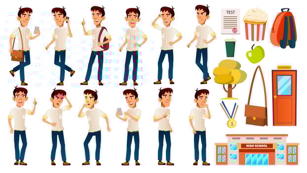 Asian Boy Schoolboy Kid Poses Set Vector. Emotional. White Shirt. High School Child. Children Study. Knowledge, Learn, Lesson. For Advertising, Placard, Print Design. Isolated Cartoon Illustration vector