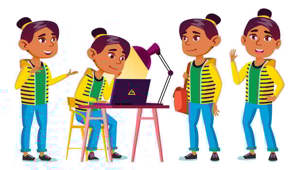 Arab, Muslim Girl Kid Poses Set Vector. High School Child. School Student. Cheer, Pretty, Youth. For Advertisement, Greeting, Announcement Design. Isolated Cartoon Illustration vector