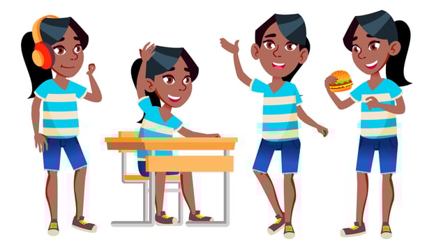 Girl Schoolgirl Kid Poses Set Vector. Black. Afro American. High School Child. Schoolchild. September, Schoolchildren, Teen. For Web, Brochure, Poster Design. Isolated Cartoon Illustration vector