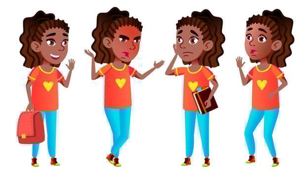 Girl Schoolgirl Kid Poses Set Vector. Black. Afro American. High School Child. Teenage. Beauty, Lifestyle, Friendly. For Web, Poster, Booklet Design. Isolated Cartoon Illustration vector