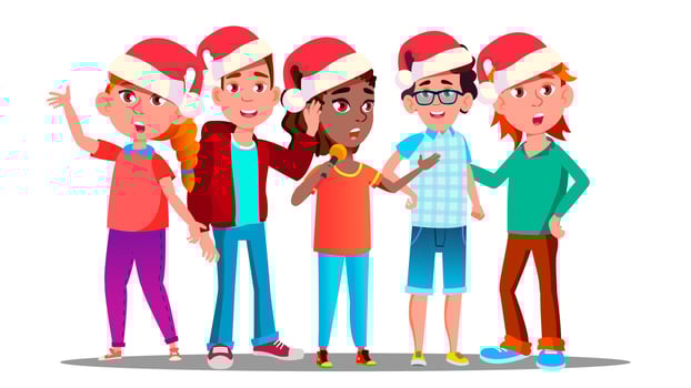 Children In Christmas Caps Singing Carol Vector. Illustration vector