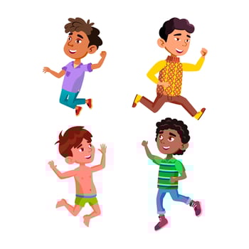 Kids Boys Jumping With Positive Emotion Set Vector