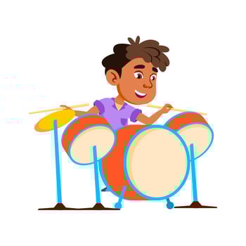 Boy Kid Playing Rock And Roll On Drum Kit Vector