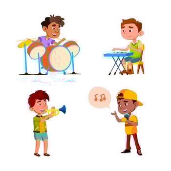 Kids Boys Playing In Music Orchestra Set Vector