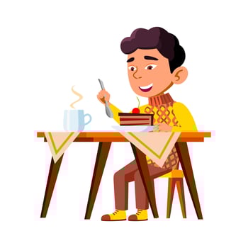 Boy Kid Eating Delicious Cake Breakfast Vector