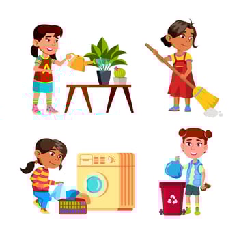 Girls Kids Cleaning And Doing Housework Set Vector