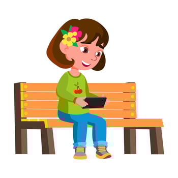 Girl Child Playing Video Game On Smartphone Vector