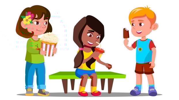 Group Of Boys And Girls Eating Together Vector. Isolated Illustration vector