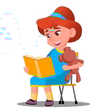 Little Beautiful Girl Reading A Book With A Soft Toy Vector. Education Concept. Isolated Illustration vector