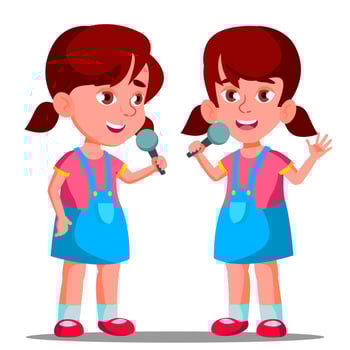 Beautiful Little Girl Sings Into The Microphone Vector. Artist Sing Song. Isolated Illustration vector