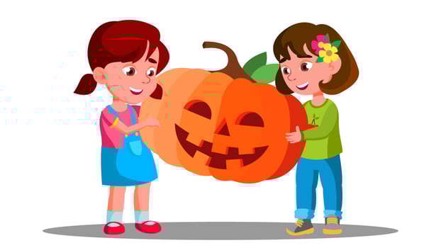 Group Of Children Celebrating Halloween With Pumpkin In Hands Vector. Autumn Holidays. Isolated Illustration vector