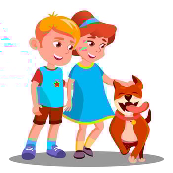 Boy And Girl Walk The Dog, Pet Vector. Isolated Illustration vector