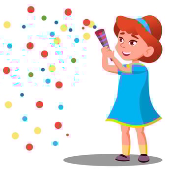 Girl Child Throw Colored Confetti At The Carnival Party Vector. Isolated Illustration vector