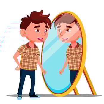 Boy Shows Tongue In His Reflection In The Mirror Vector. Isolated Illustration vector