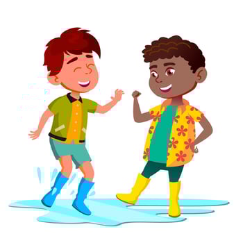 African And Asian Kids In Boots Jump In Puddle After The Rain Vector. Isolated Illustration vector